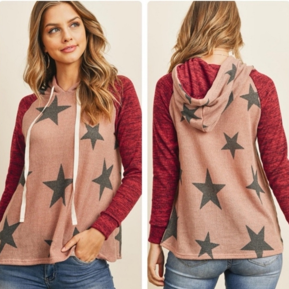 ⭐️Cute Star Design Hooded Top with Contrasted Sleeves NWT